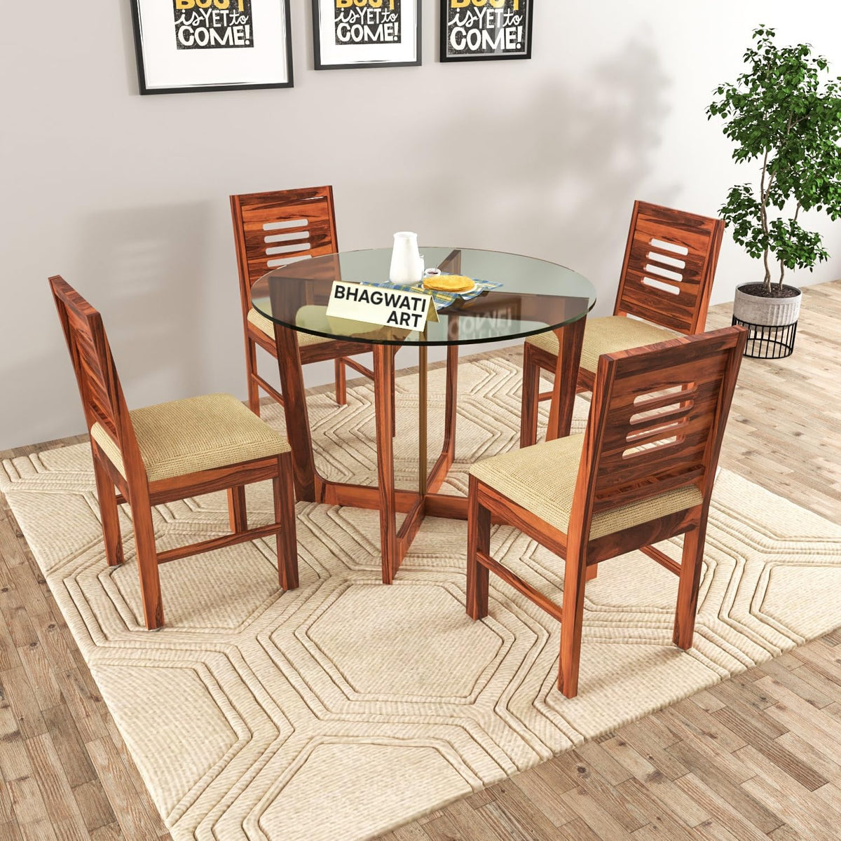 Bhagwati Art Sheesham Wood Dining Set with Urban Glass Top – Round in Honey Finish