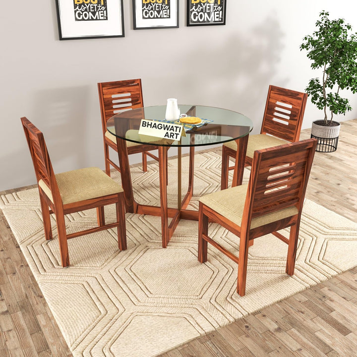 Bhagwati Art Sheesham Wood Dining Set with Urban Glass Top – Round in Honey Finish
