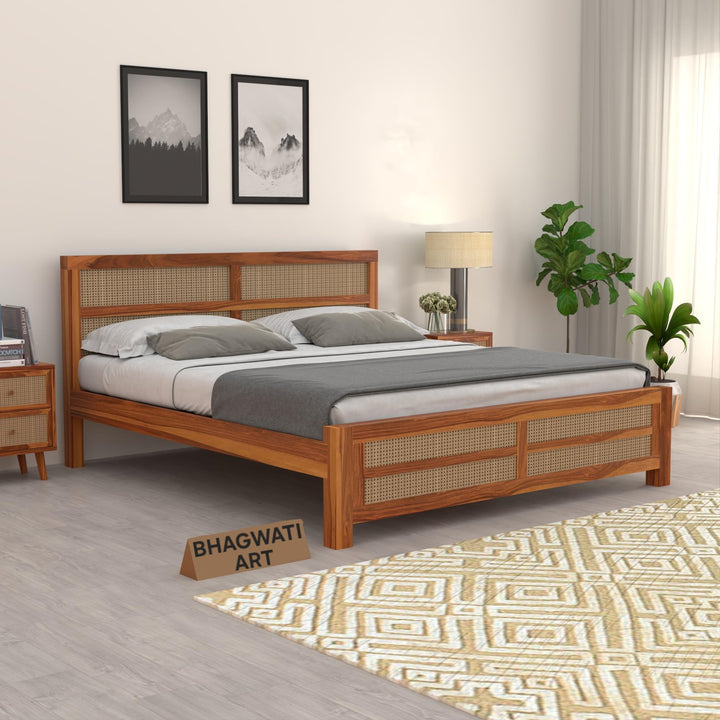 Bhagwati Art Sheesham Wood Bed without Storage – 8 Jali Rattan Cane in Honey Finish