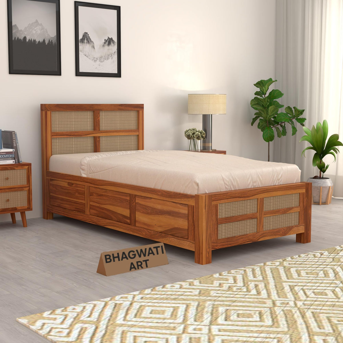 Bhagwati Art Sheesham Single Bed with Box Storage – 8 Jali Rattan Cane in Honey Finish