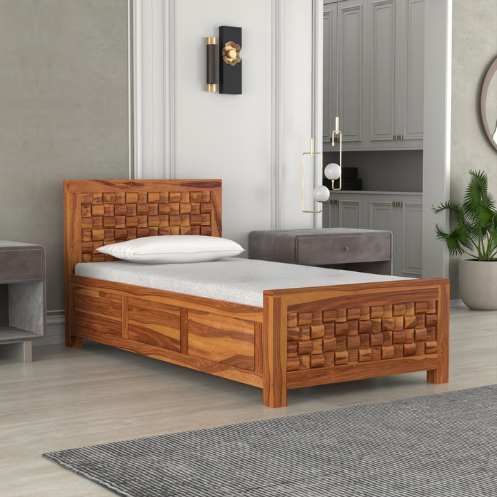 Bhagwati Art Sheesham Wood Single Bed with Box Storage – Niwar Design in Honey Finish