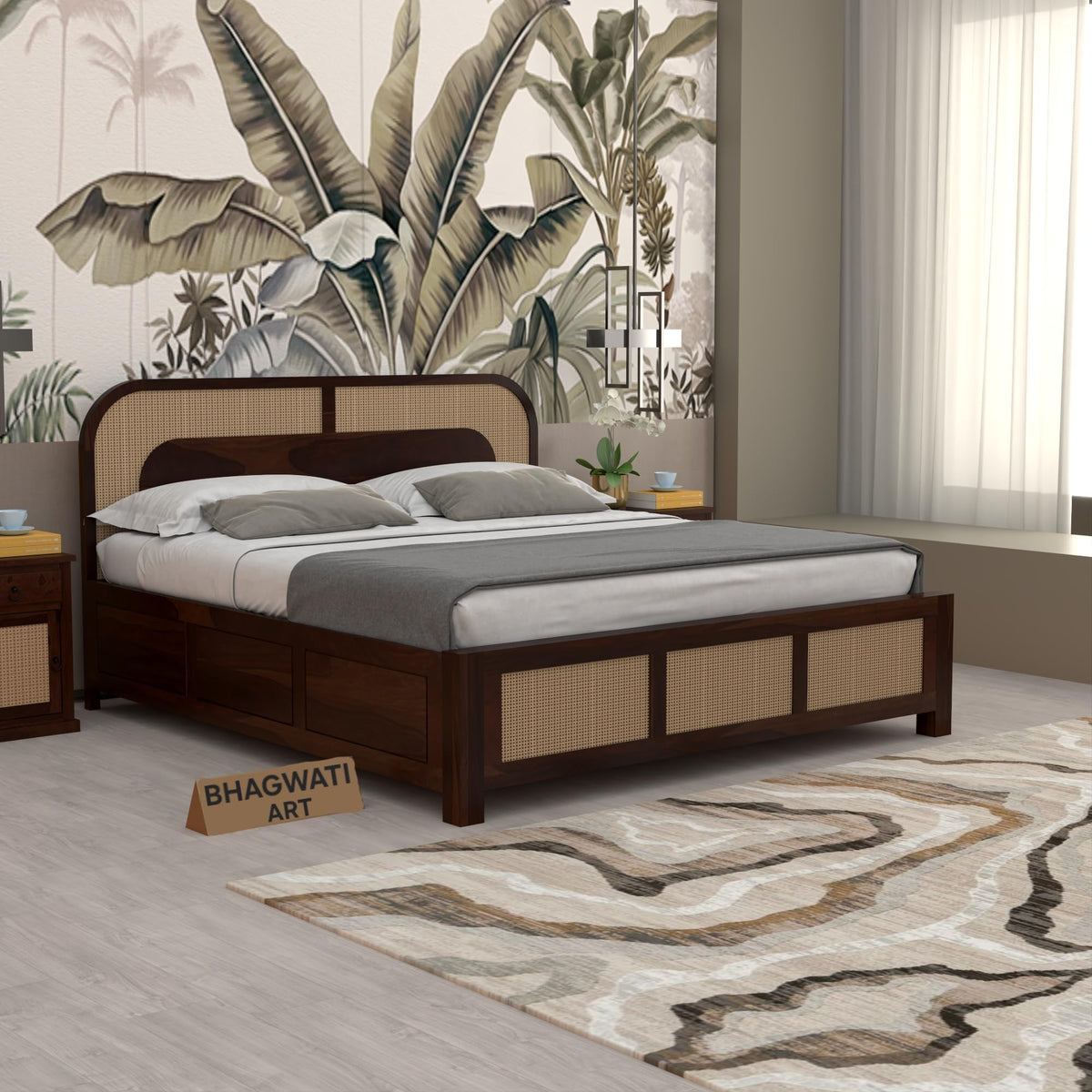 Bhagwati Art Sheesham Wood Bed with Box Storage – 5 Jali Rattan Cane in Walnut Finish