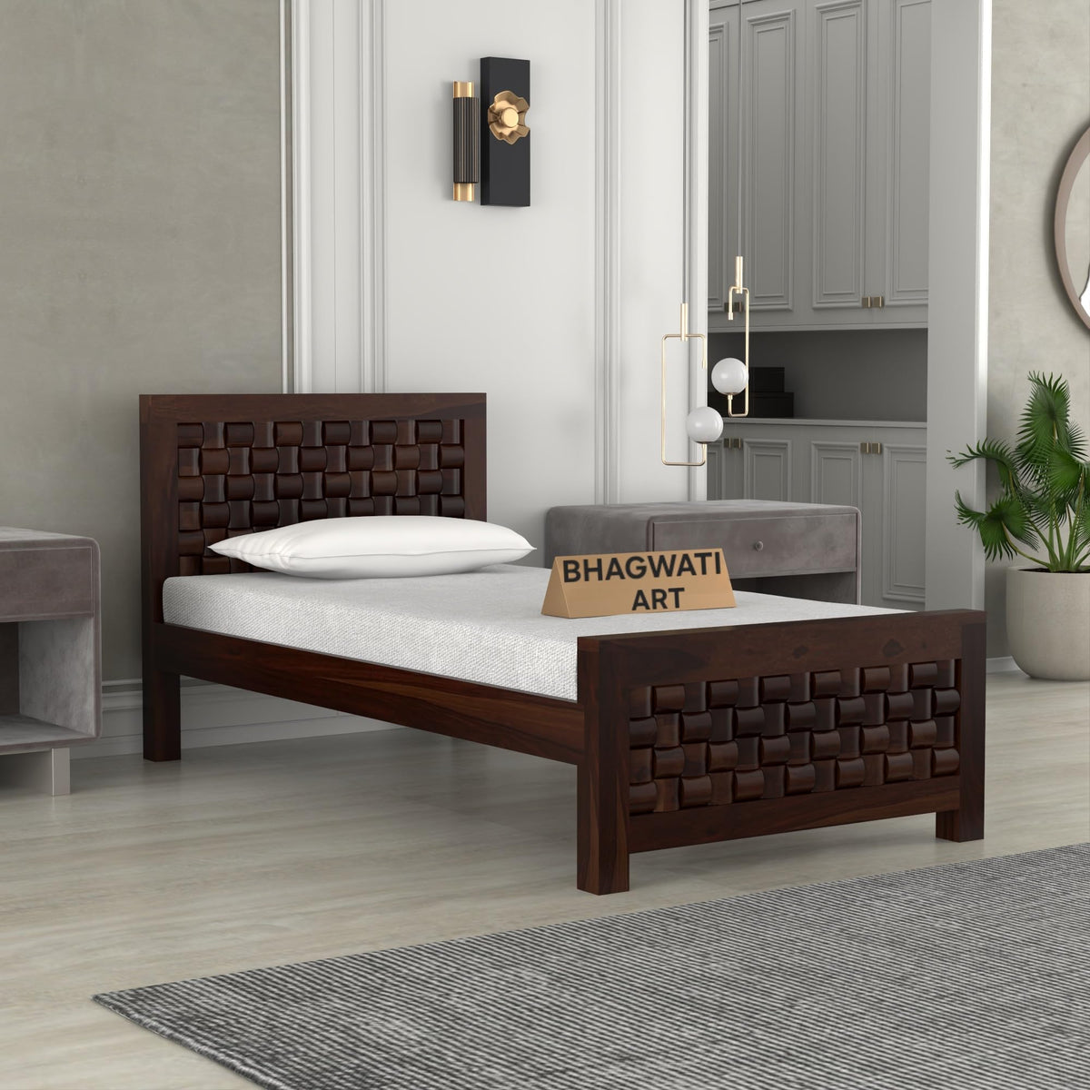 Bhagwati Art Sheesham Wood Single Bed without Storage – Niwar Design in Walnut Finish