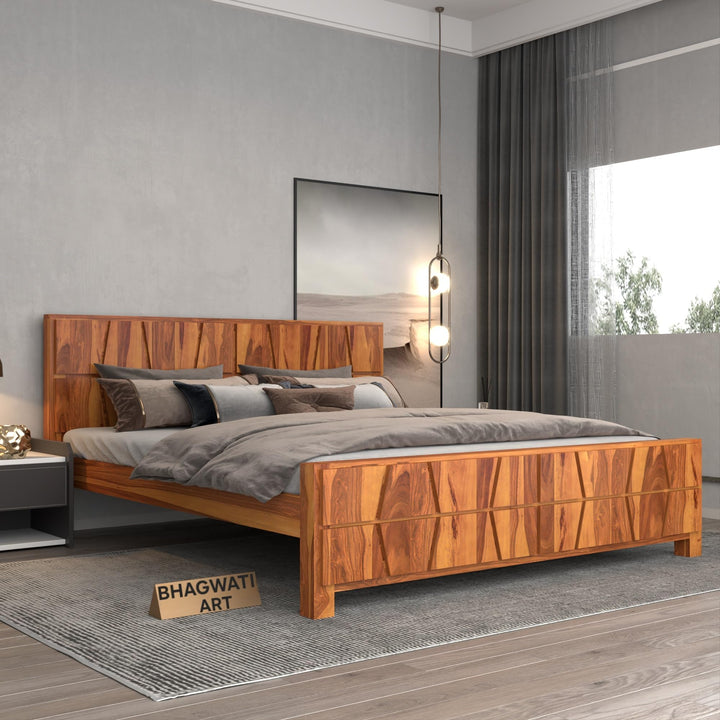 Bhagwati Art Sheesham Wood Bed without Storage – Zigzag Design in Honey Finish