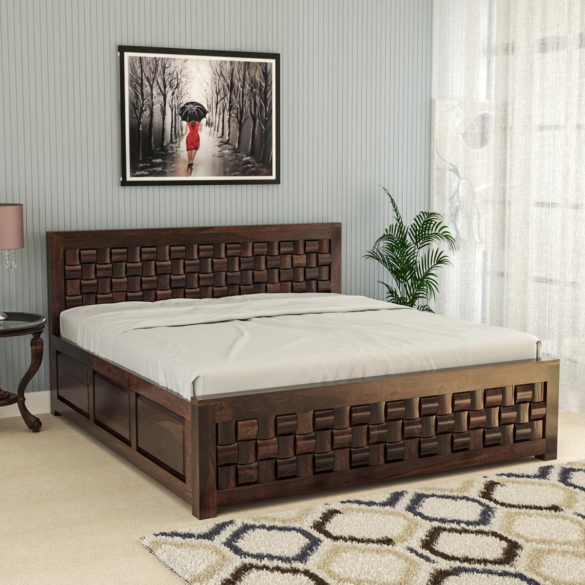 Bhagwati Art Sheesham Wood Bed with Box Storage – Niwar Design in Walnut Finish