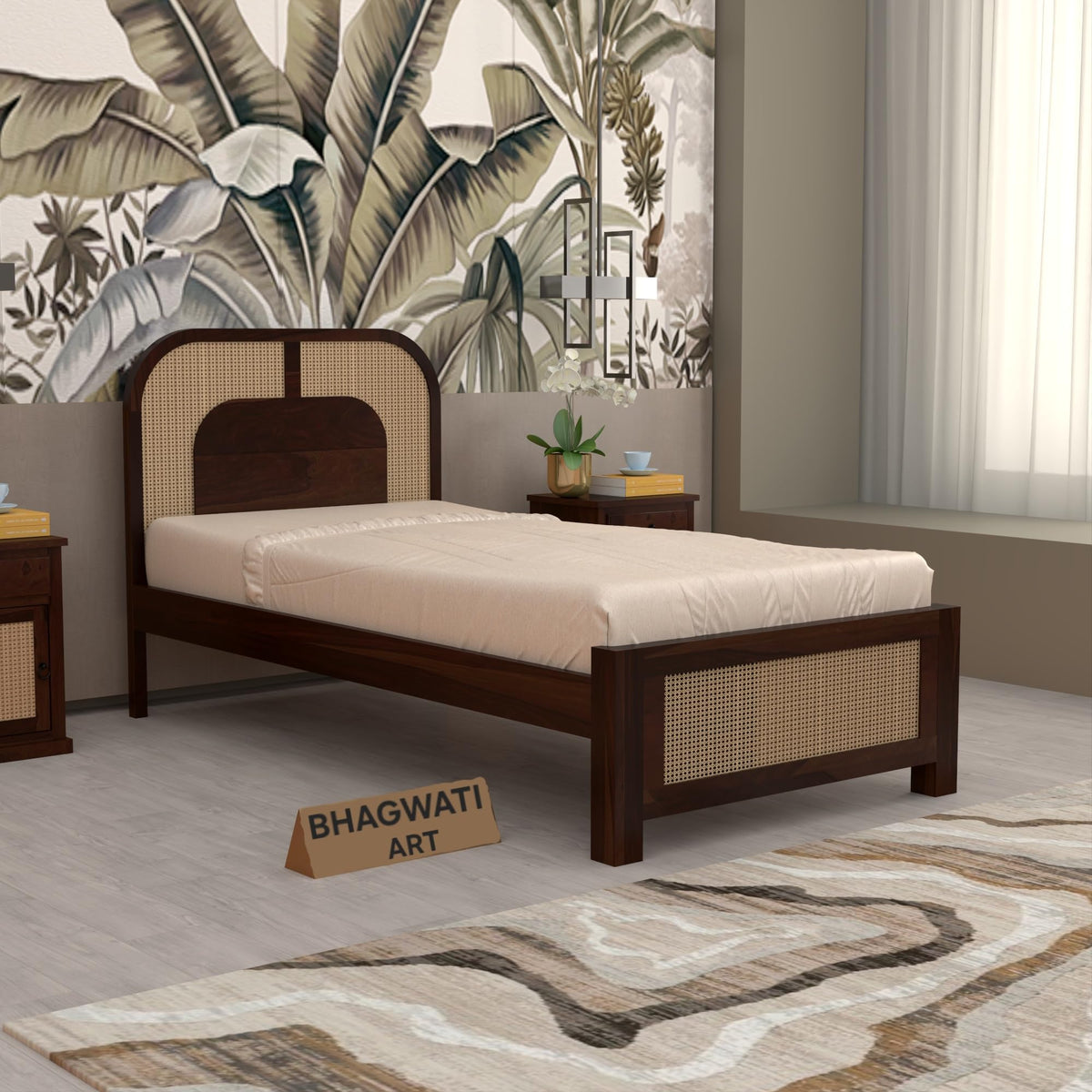 Bhagwati Art Sheesham Single Bed without Storage – 5 Jali Rattan Cane in Walnut Finish