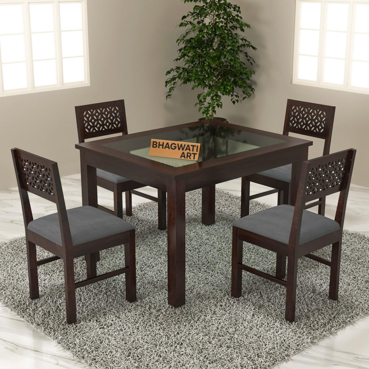 Bhagwati Art Sheesham Wood Dining Set with Glass Top – Plain Design in Walnut Finish