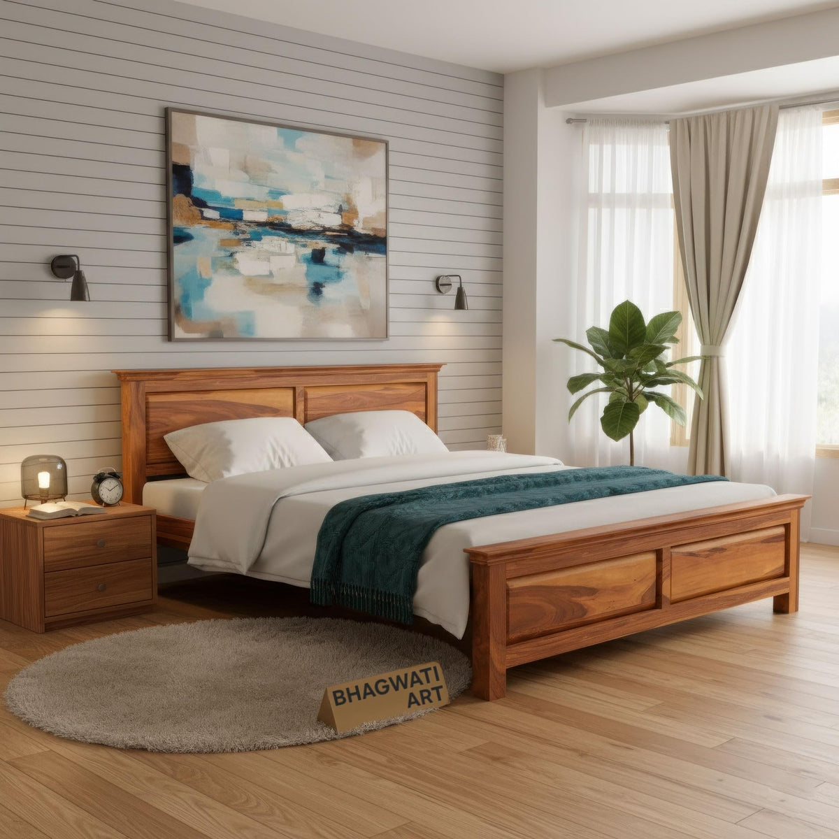 Bhagwati Art Sheesham Wood Bed without Storage – 2 Dalla Design in Honey Finish