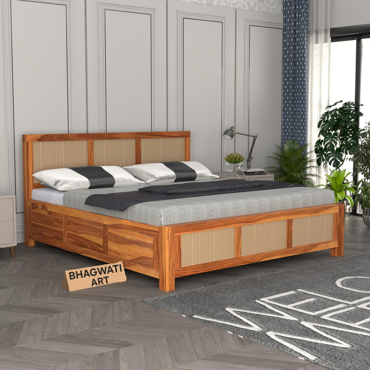 Bhagwati Art Sheesham Wood Bed with Box Storage – 6 Jali Rattan Cane in Honey Finish
