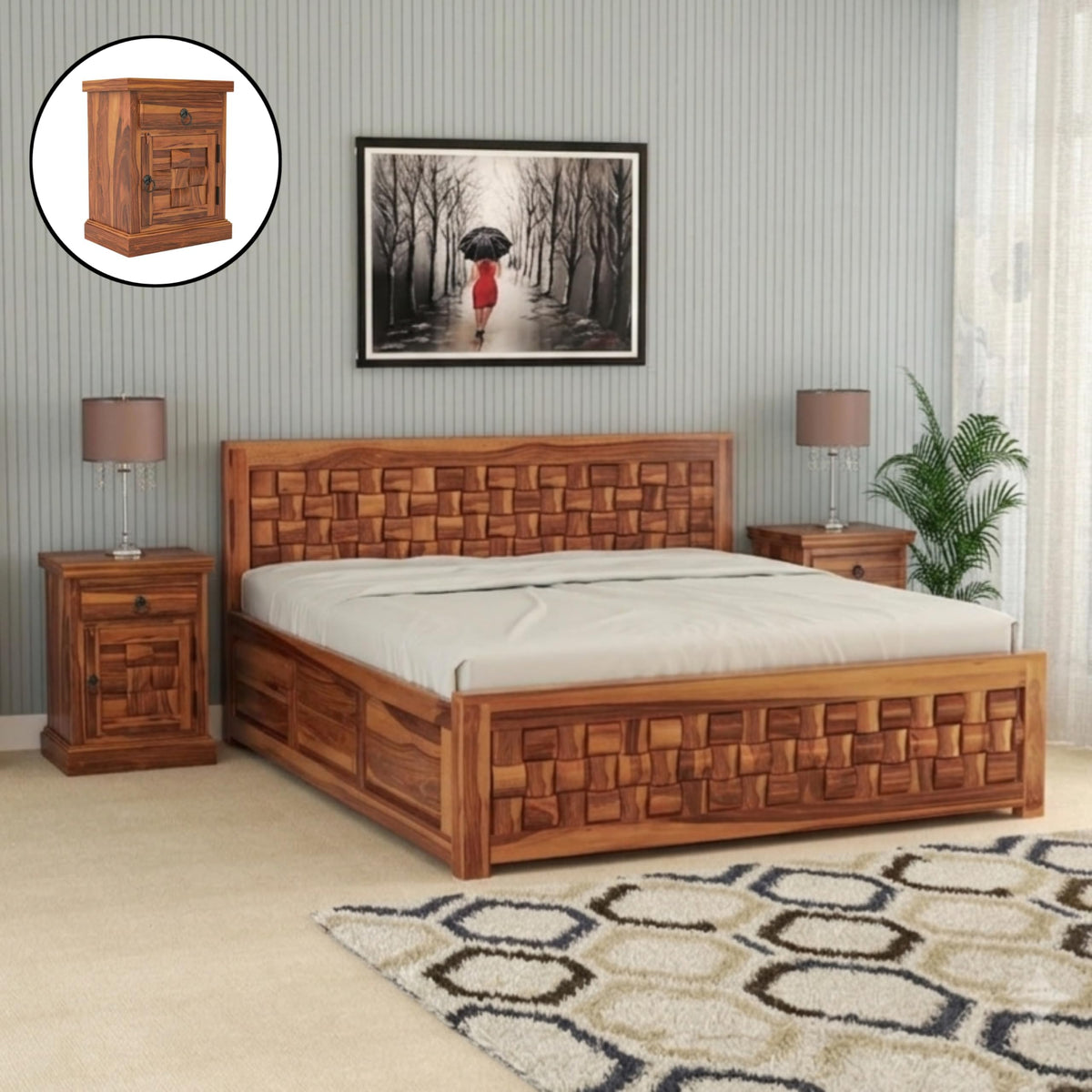 Bhagwati Art Sheesham Bed with Storage & 2 Bedside Tables – Niwar – view 21