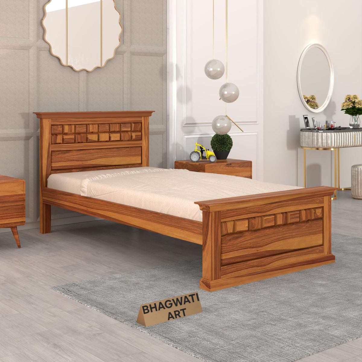 Bhagwati Art Sheesham Wood Single Bed without Storage – Chocolate in Honey Finish