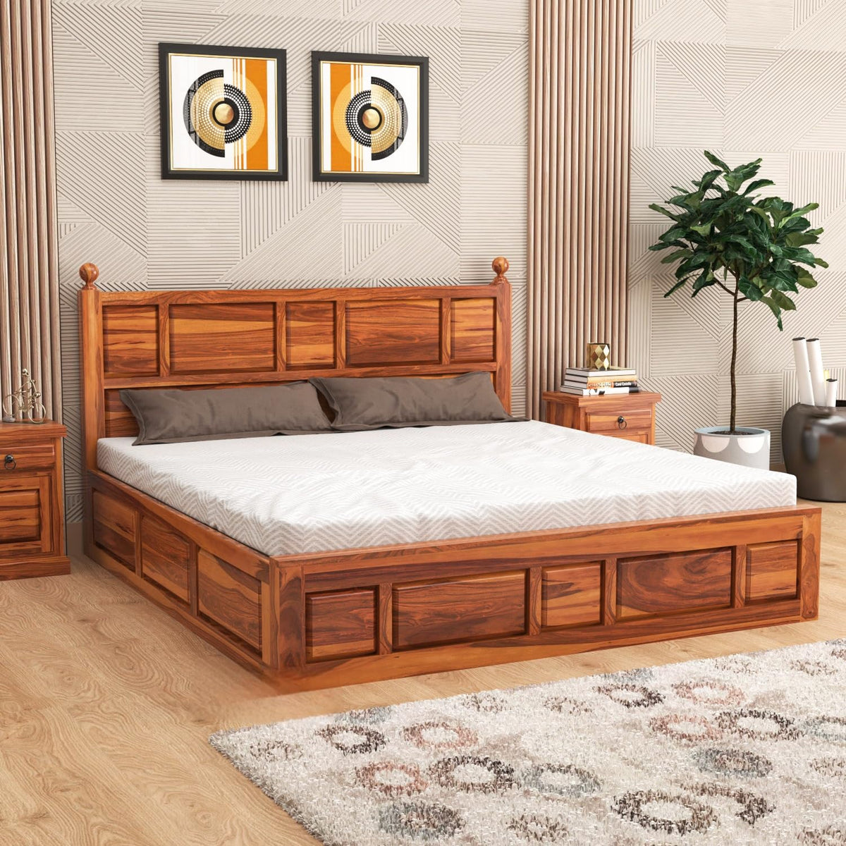 Bhagwati Art Sheesham Wood Bed with Box Storage – Lattu Design in Honey Finish