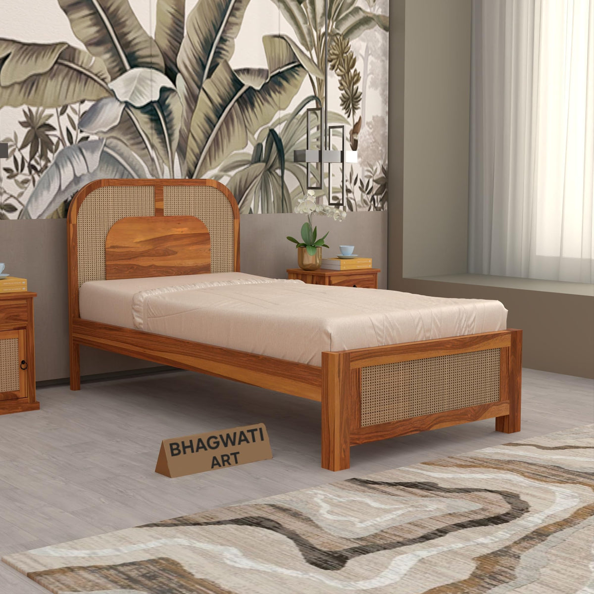 Bhagwati Art Sheesham Single Bed without Storage – 5 Jali Rattan Cane in Honey Finish