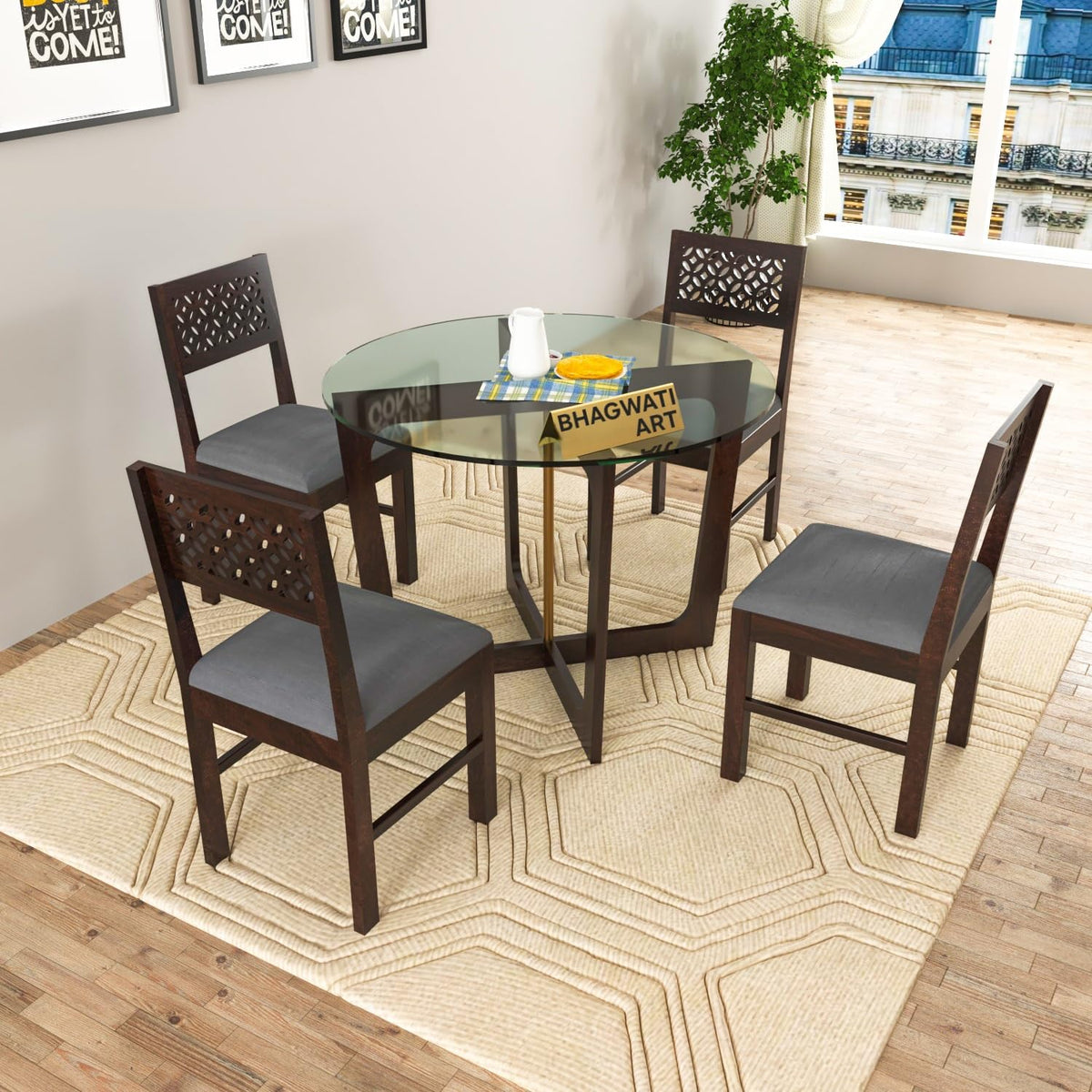 Bhagwati Art Sheesham Wood Dining Set with Glass Top – Round Design in Walnut Finish