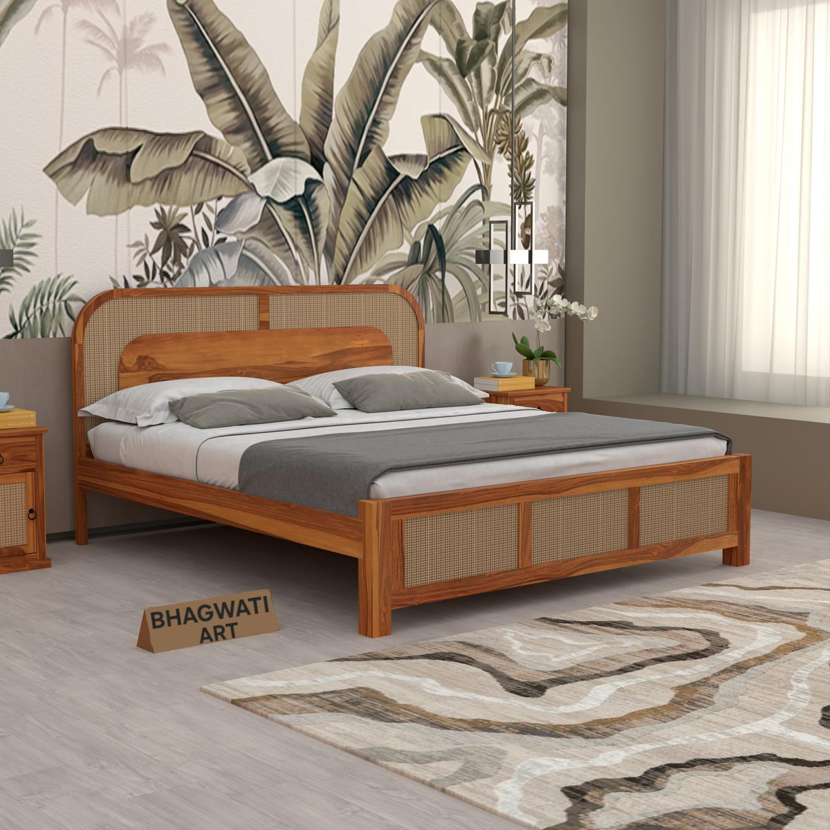 Bhagwati Art Sheesham Wood Bed without Storage – 5 Jali Rattan Cane in Honey Finish