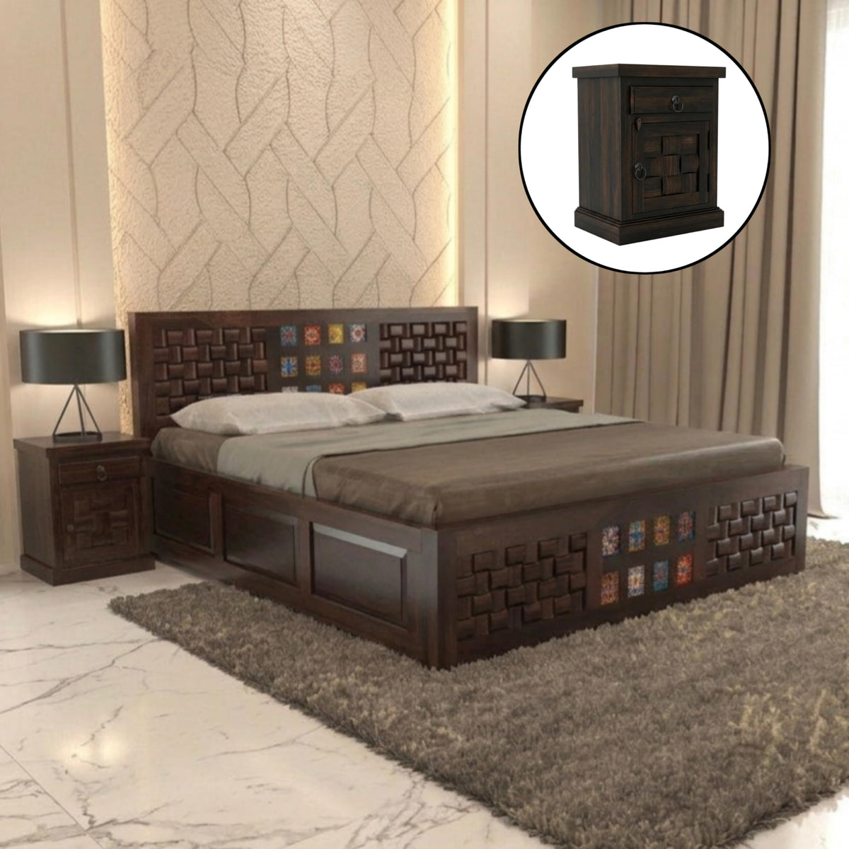 Bhagwati Art Sheesham Bed with Storage & 2 Bedside Tables – Niwar Tile in Walnut Finish