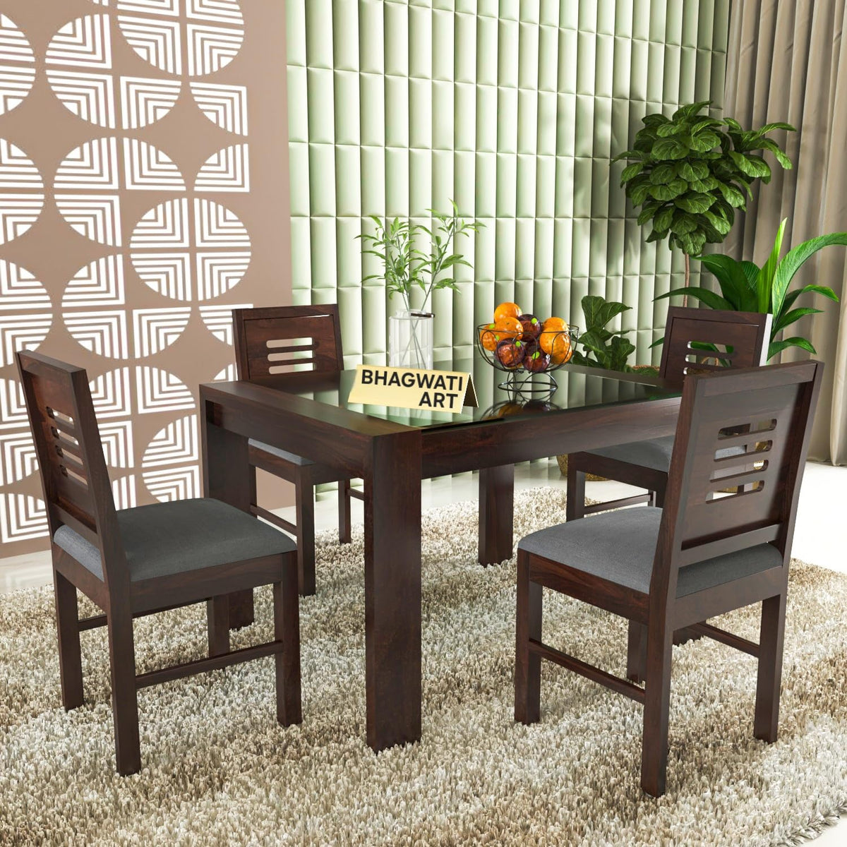 Bhagwati Art Sheesham Wood Dining Set with Urban Glass Top – Classic in Walnut Finish