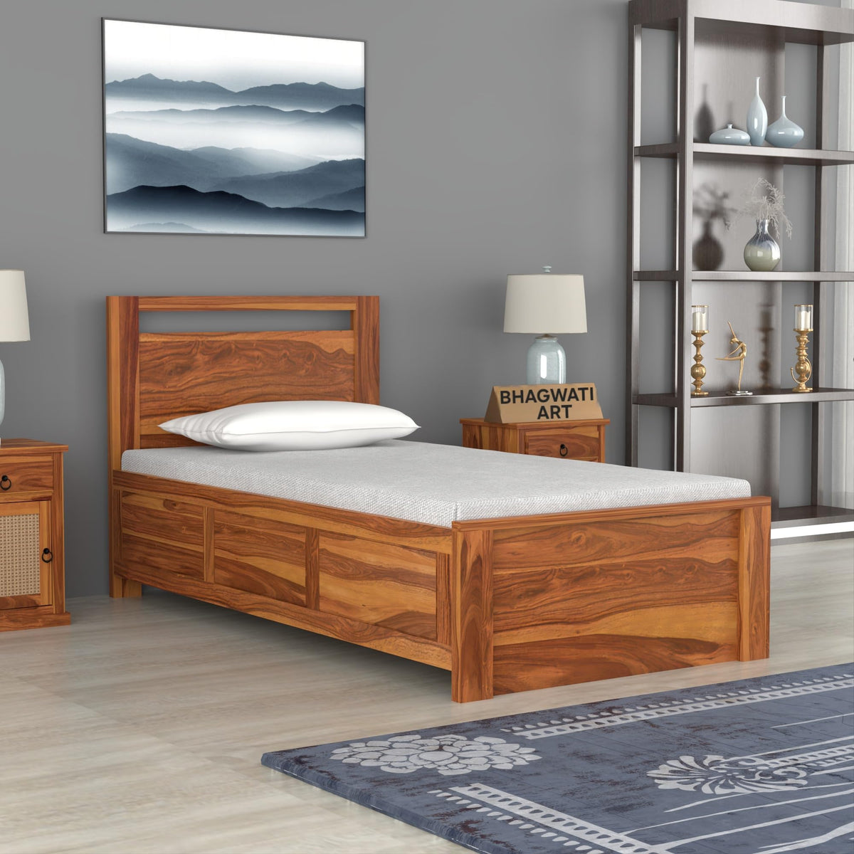 Bhagwati Art Sheesham Wood Single Bed with Hydraulic Storage – Modern in Honey Finish