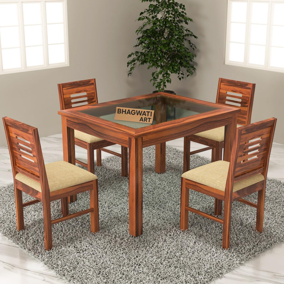 Bhagwati Art Sheesham Wood Dining Set with Urban Glass Top – Plain in Honey Finish