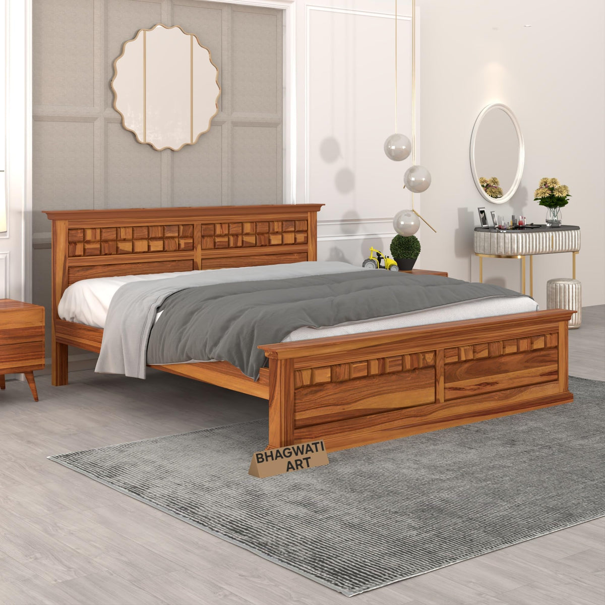 Bhagwati Art Sheesham Wood Bed without Storage – Chocolate Design in Honey Finish