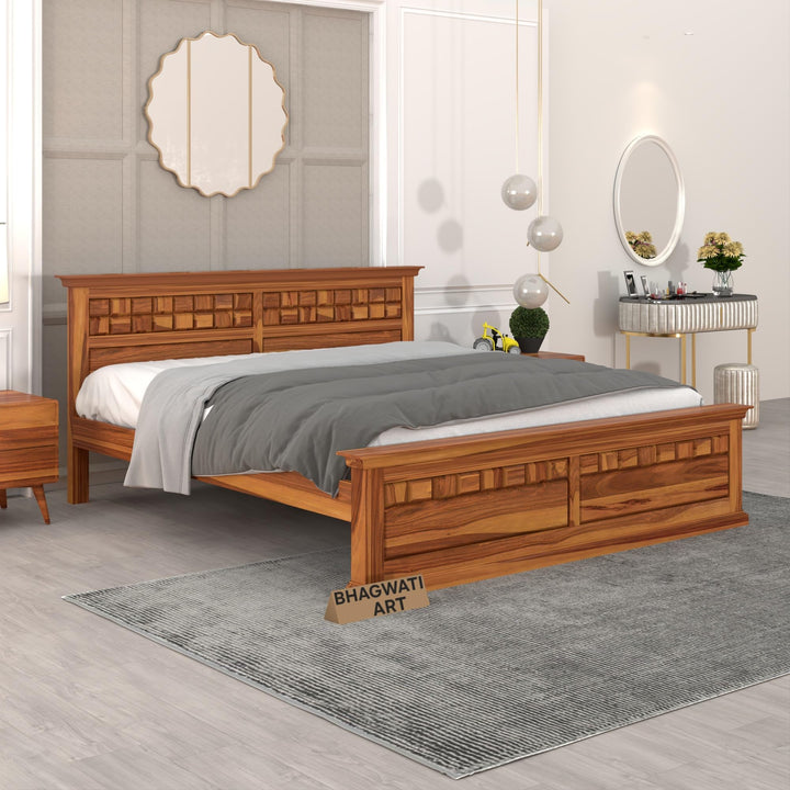 Bhagwati Art Sheesham Wood Bed without Storage – Chocolate Design in Honey Finish