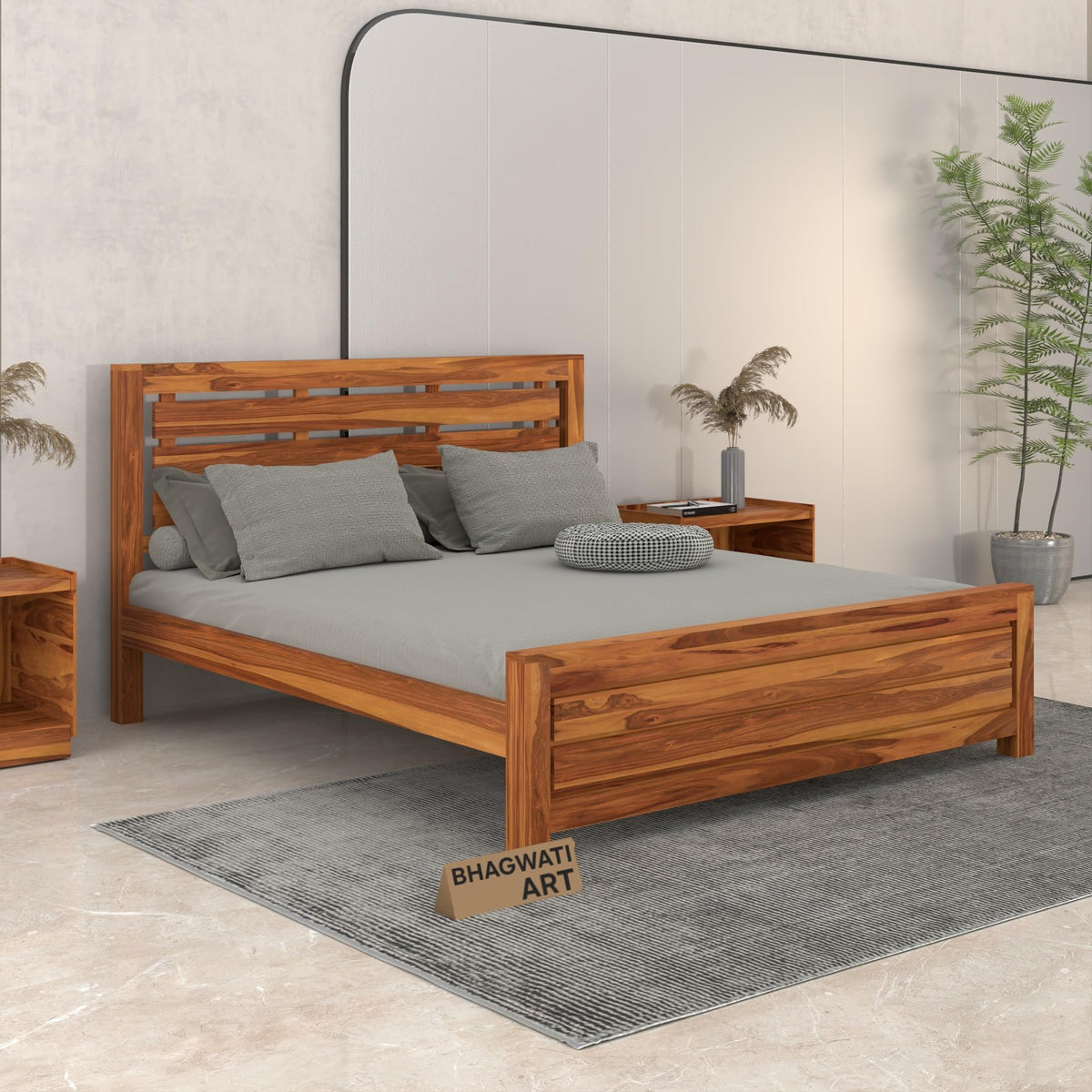 Bhagwati Art Sheesham Wood Bed without Storage – 3 Fanti Design in Honey Finish