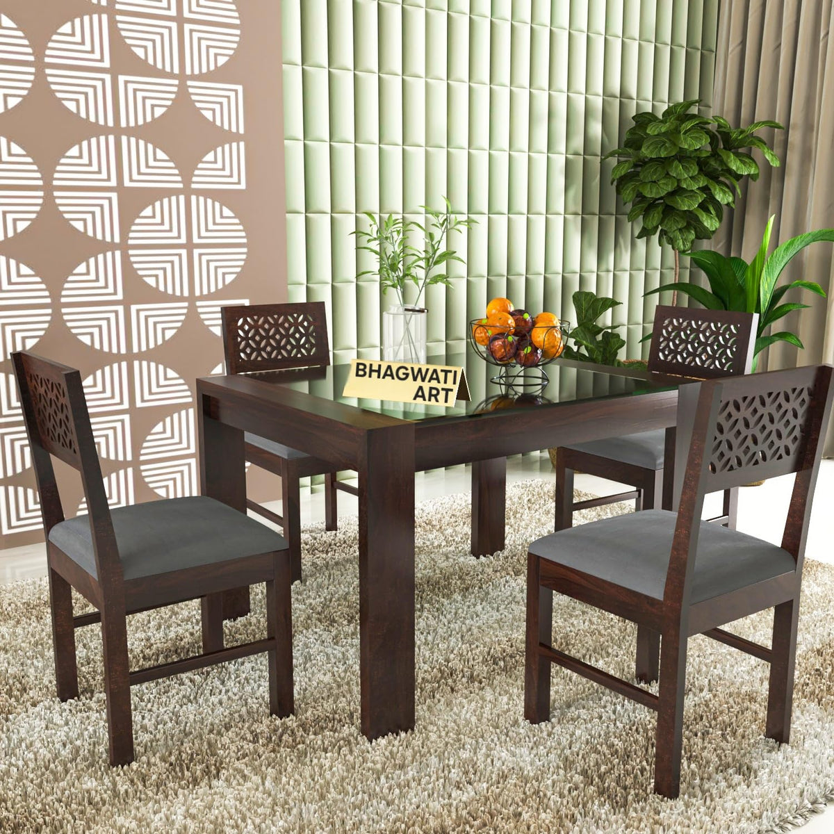 Bhagwati Art Sheesham Wood Dining Set with Glass Top – Classic Design in Walnut Finish