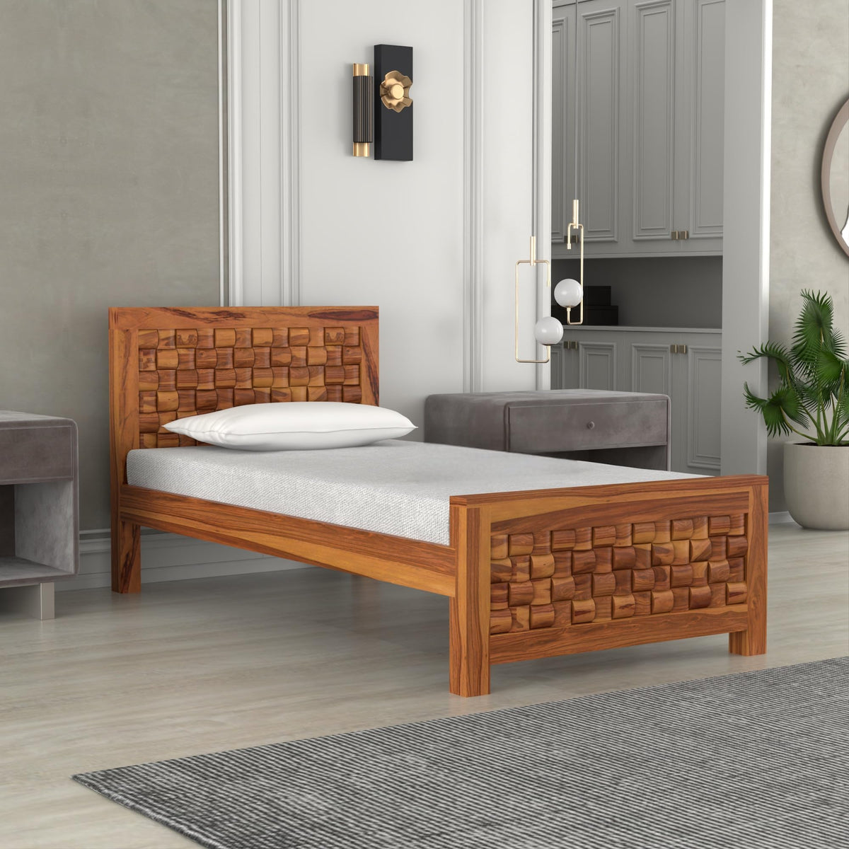 Bhagwati Art Sheesham Wood Single Bed without Storage – Niwar Design in Honey Finish