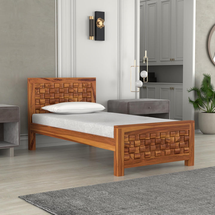 Bhagwati Art Sheesham Wood Single Bed without Storage – Niwar Design in Honey Finish