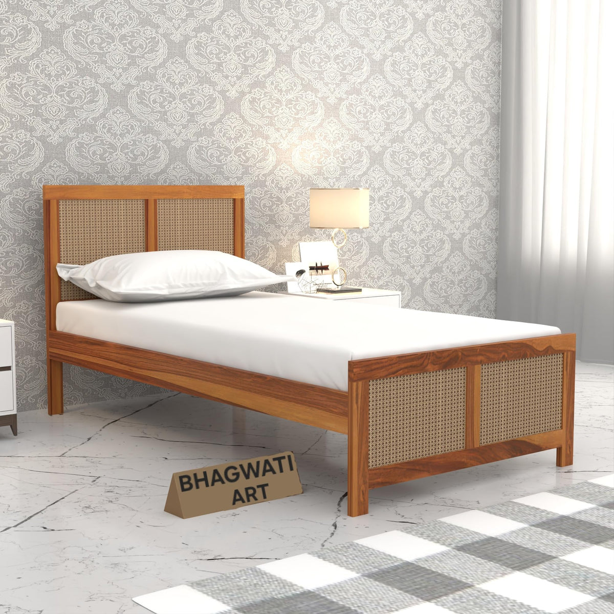 Bhagwati Art Sheesham Single Bed without Storage – 4 Jali Rattan Cane in Honey Finish