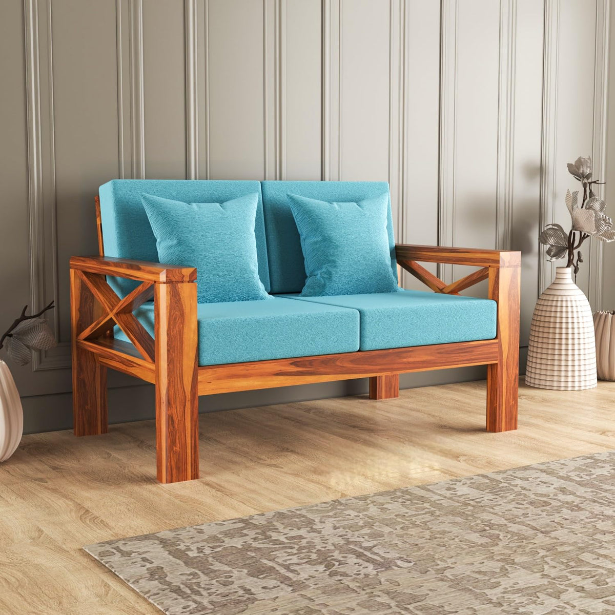 Bhagwati Art Sheesham Wood 2 Seater Sofa with X Design Armrests – view 1
