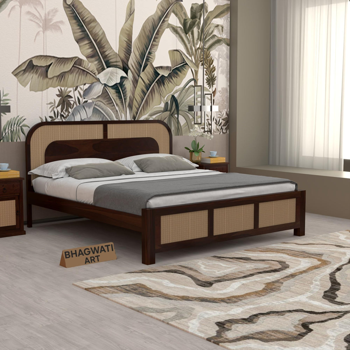 Bhagwati Art Sheesham Wood Bed without Storage – 5 Jali Rattan Cane in Walnut Finish