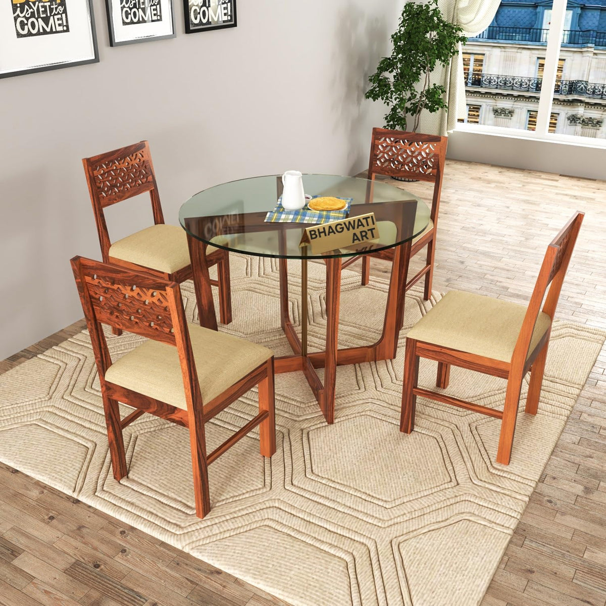 Bhagwati Art Sheesham Wood Dining Set with Glass Top – Round Design in Honey Finish