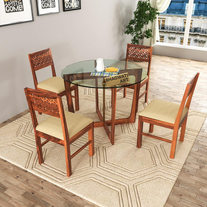 Bhagwati Art Sheesham Wood Dining Set with Glass Top – Round Design in Honey Finish