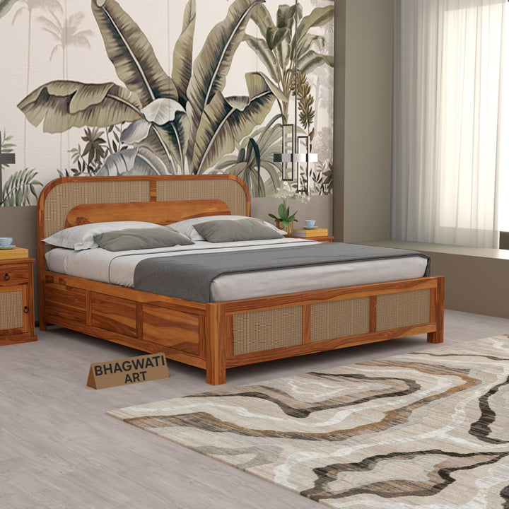 Bhagwati Art Sheesham Wood Bed with Box Storage – 5 Jali Rattan Cane in Honey Finish