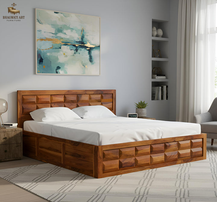 Bhagwati Art Barfi Sheesham wood storage bed in Honey finish in a styled bedroom