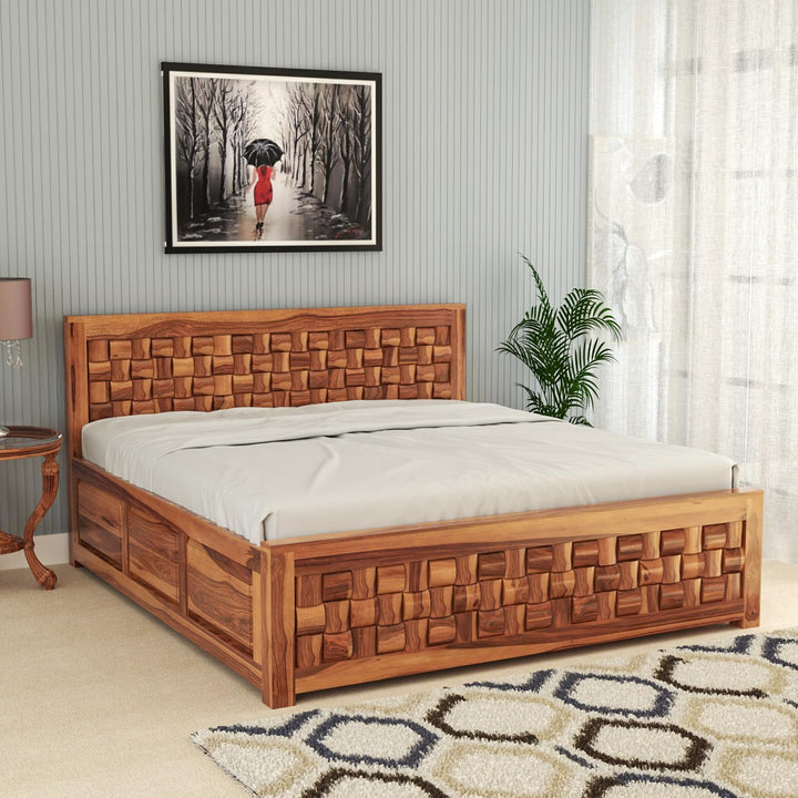 Bhagwati Art Sheesham Wood Bed with Box Storage – Niwar Design in Honey Finish