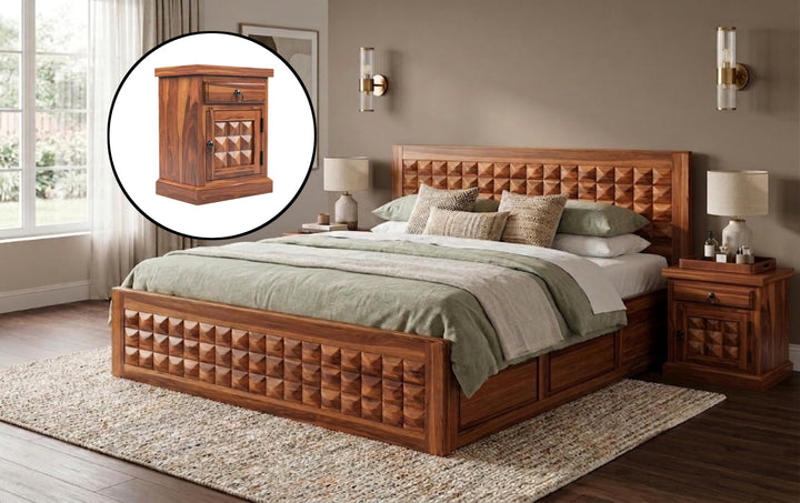 Bhagwati Art Sheesham Bed with Storage & 2 Bedside Tables – Diamond in Honey Finish