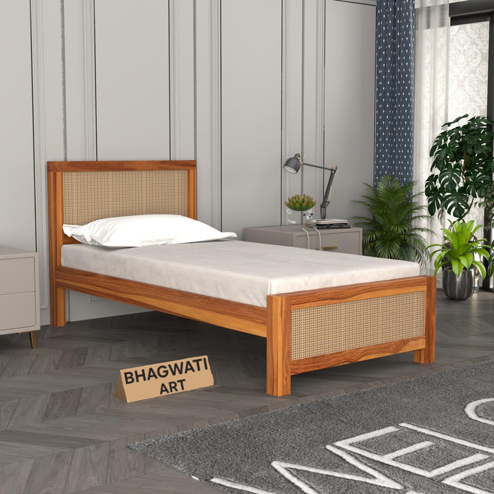 Bhagwati Art Sheesham Single Bed without Storage – 2 Jali Rattan Cane in Honey Finish