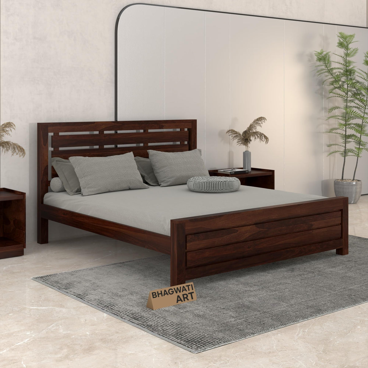 Bhagwati Art Sheesham Wood Bed without Storage – 3 Fanti Design in Walnut Finish