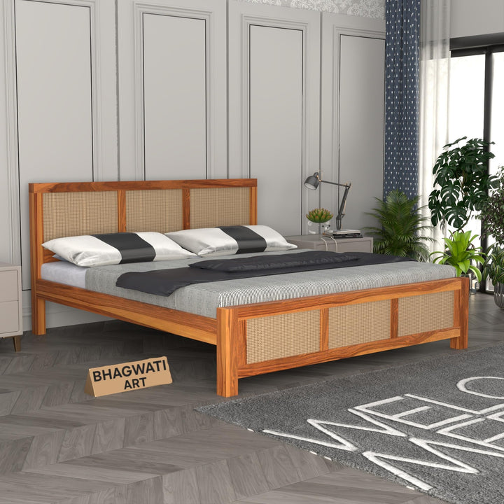 Bhagwati Art Sheesham Wood Bed without Storage – 6 Jali Rattan Cane in Honey Finish