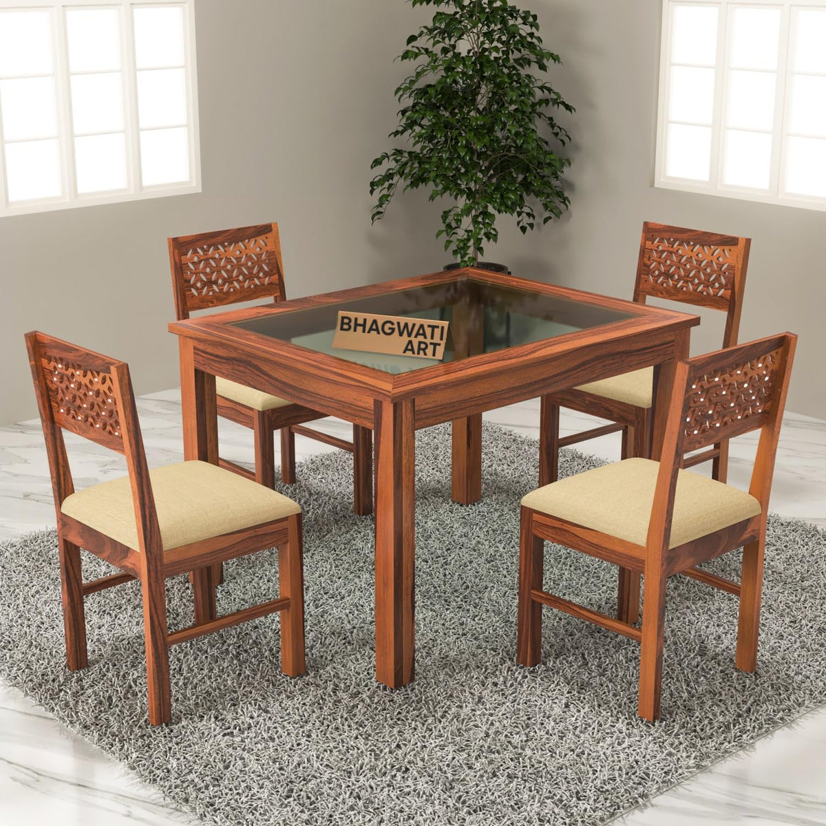 Bhagwati Art Sheesham Wood Dining Set with Glass Top – Plain Design in Honey Finish