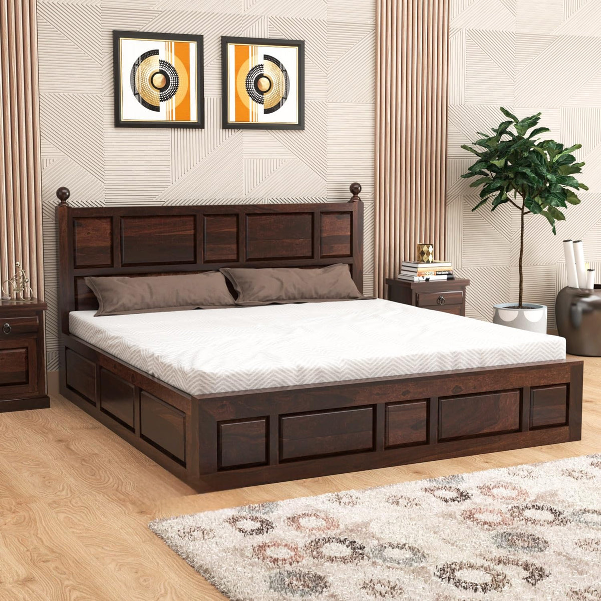 Bhagwati Art Sheesham Wood Bed with Box Storage – Lattu Design in Walnut Finish