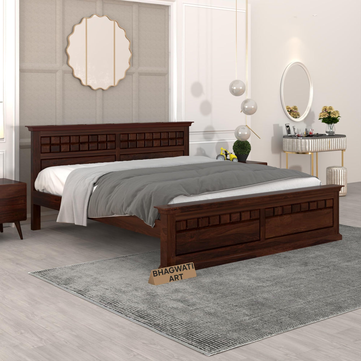 Bhagwati Art Sheesham Wood Bed without Storage – Chocolate Design in Walnut Finish
