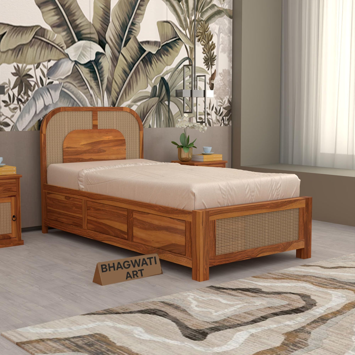 Bhagwati Art Sheesham Single Bed with Box Storage – 5 Jali Rattan Cane in Honey Finish