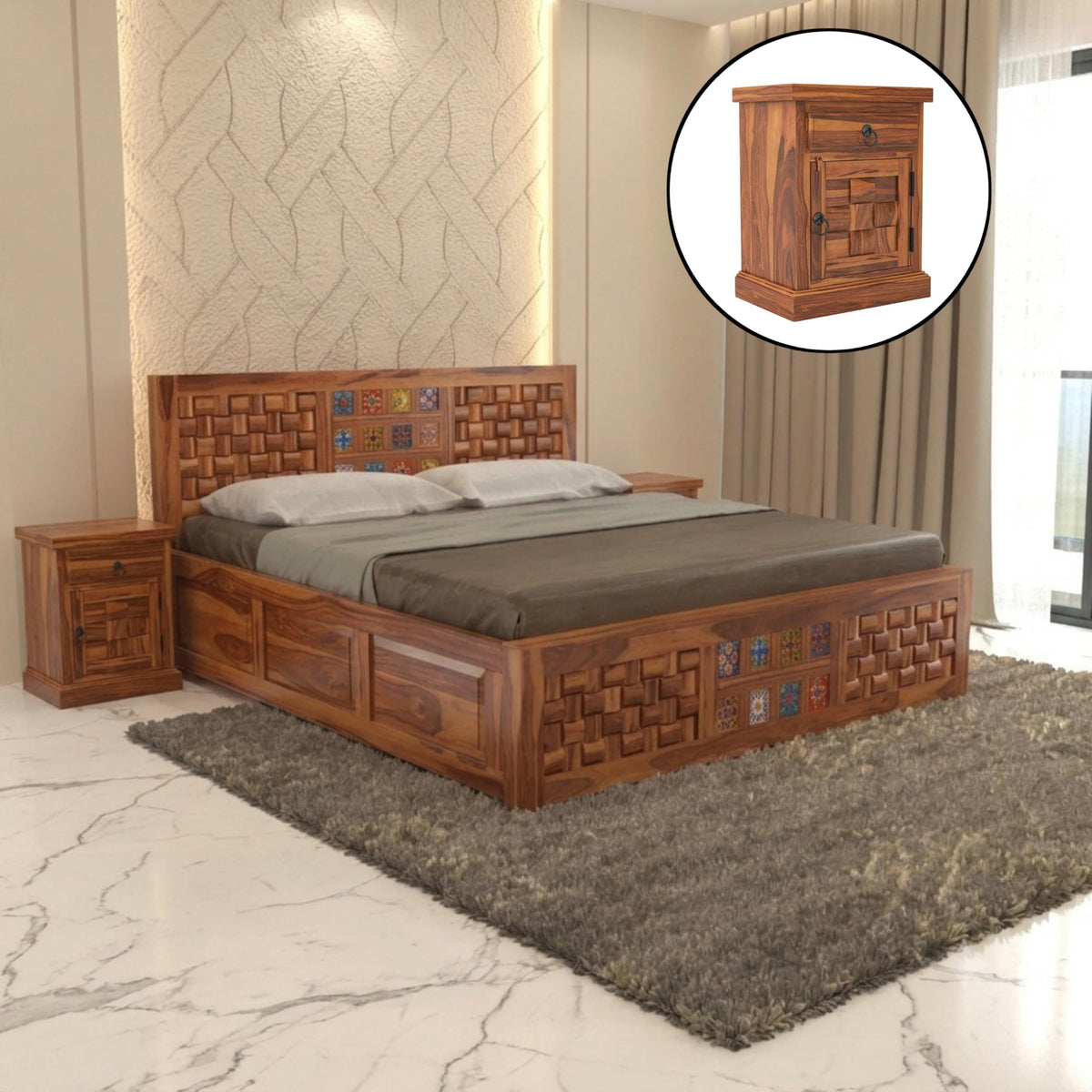 Bhagwati Art Sheesham Bed with Storage & 2 Bedside Tables – Niwar Tile in Honey Finish