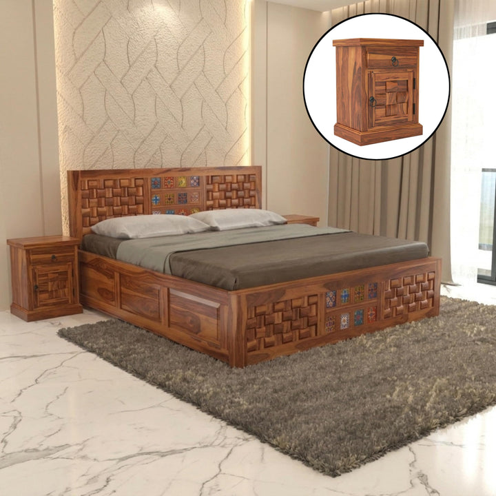 Bhagwati Art Sheesham Bed with Storage & 2 Bedside Tables – Niwar Tile in Honey Finish