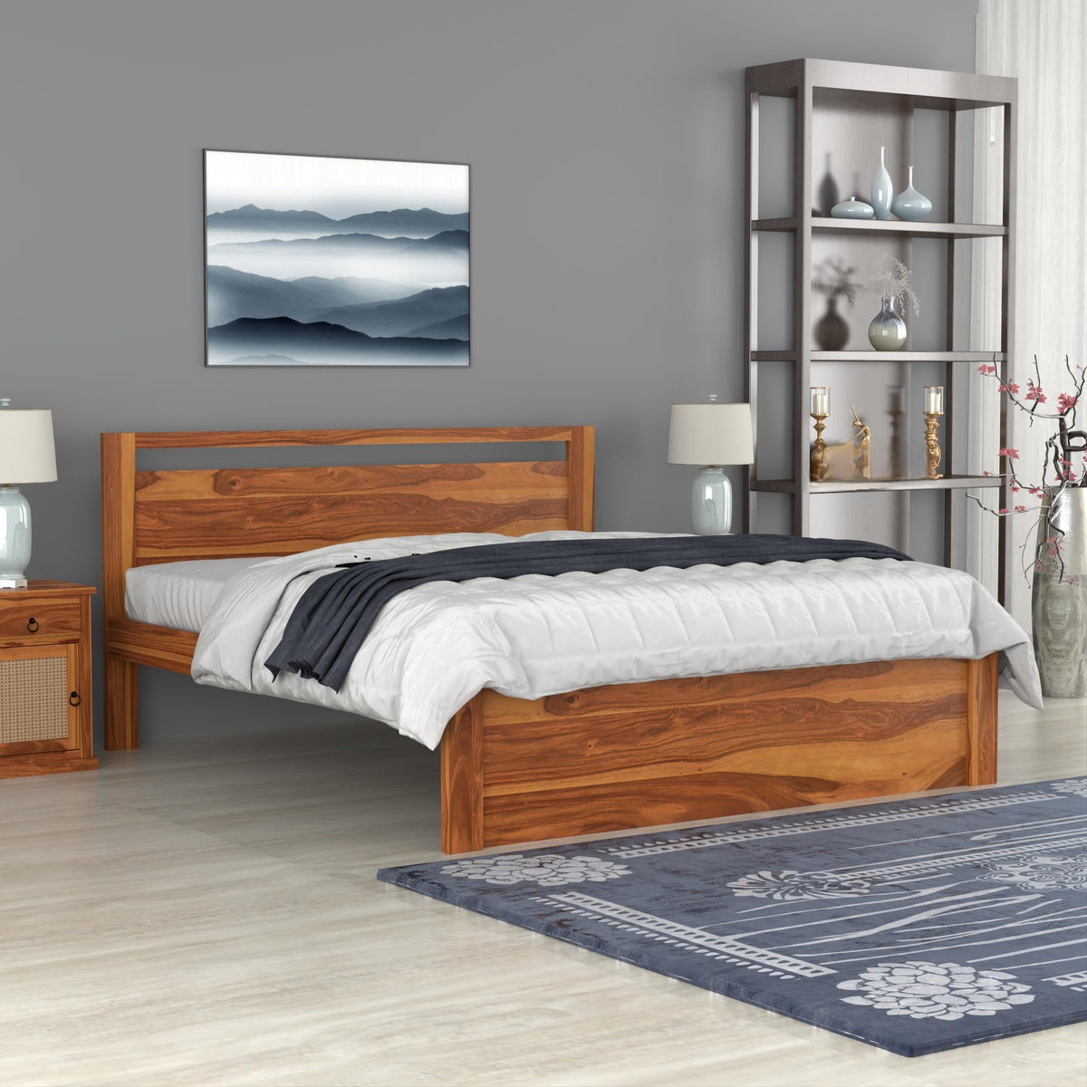 Bhagwati Art Sheesham Wood Bed without Storage – Modern Design in Honey Finish