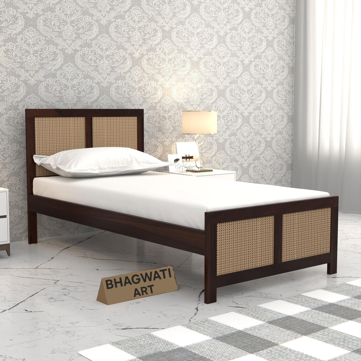 Bhagwati Art Sheesham Single Bed without Storage – 4 Jali Rattan Cane in Walnut Finish