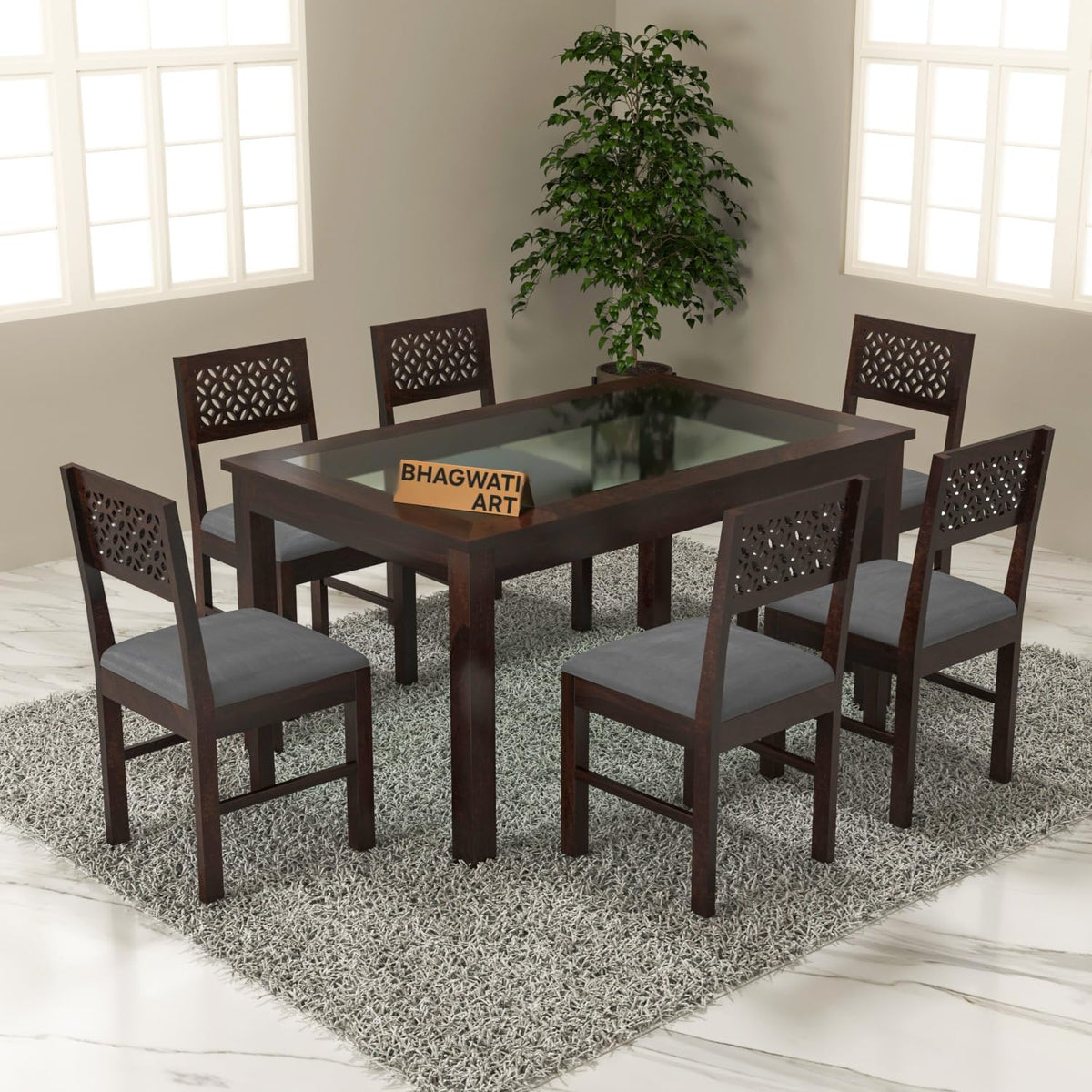 Bhagwati Art Sheesham Wood Dining Set with Urban Glass Top – Plain in Walnut Finish